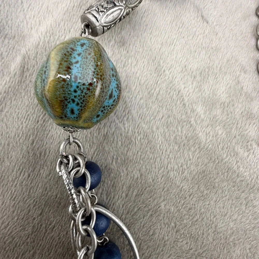 Estate Jewelry Set Blue Necklace Clip On Earrings Geometric Layered 34
